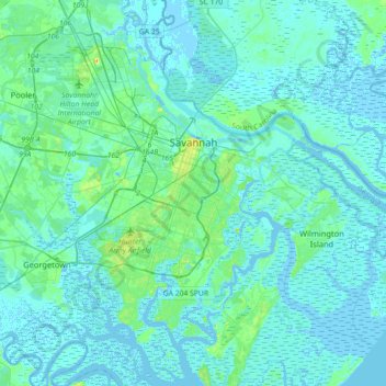 Topografische Karte Savannah, Höhe, Relief