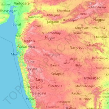 Topografische Karte Maharashtra, Höhe, Relief