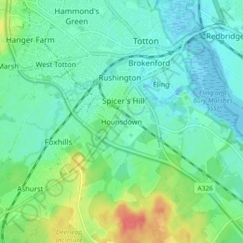 Topografische Karte Hounsdown, Höhe, Relief