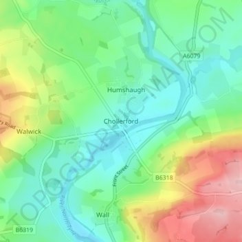 Topografische Karte Chollerford, Höhe, Relief