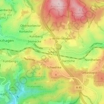 Topografische Karte Scherl, Höhe, Relief