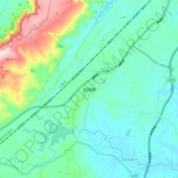 Topografische Karte 五间镇, Höhe, Relief