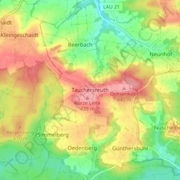 Topografische Karte Tauchersreuth, Höhe, Relief