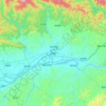 Topografische Karte 洋县, Höhe, Relief