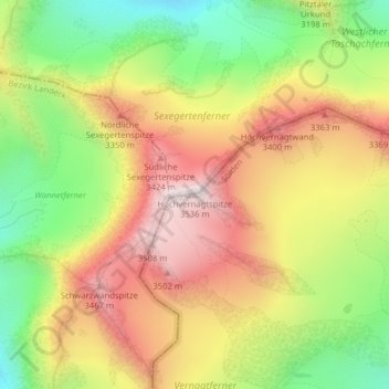 Topografische Karte Hochvernagtspitze, Höhe, Relief