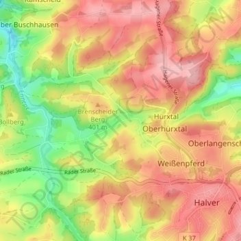 Topografische Karte Auf den Kuhlen, Höhe, Relief