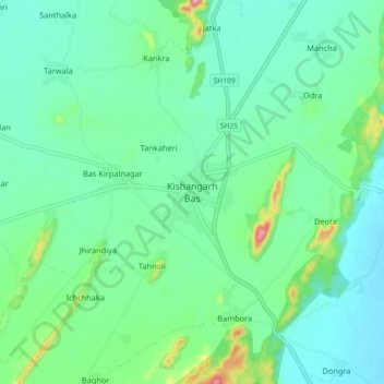 Topografische Karte Kishangarh Bas, Höhe, Relief