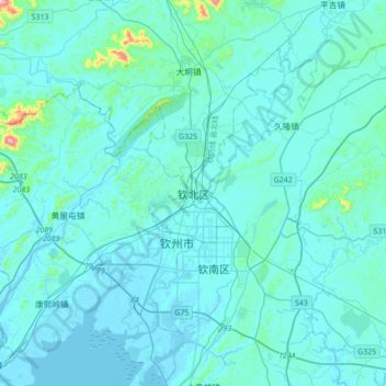 Topografische Karte 钦北区, Höhe, Relief