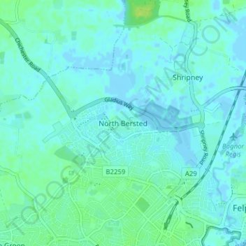 Topografische Karte North Bersted, Höhe, Relief