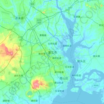 Topografische Karte 湛江市, Höhe, Relief