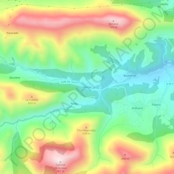 Topografische Karte Mestas, Höhe, Relief