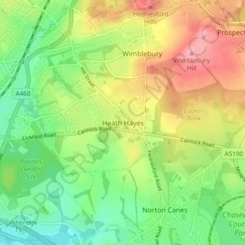 Topografische Karte Heath Hayes, Höhe, Relief