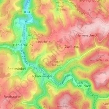 Topografische Karte Dahlhausen, Höhe, Relief