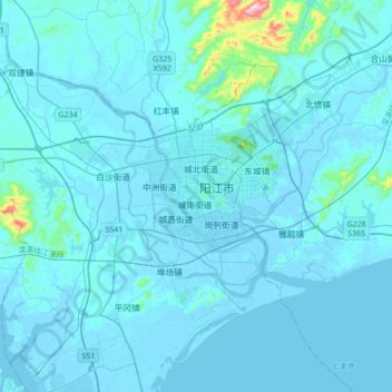 Topografische Karte 阳江市, Höhe, Relief