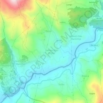 Topografische Karte Valbom (São Pedro), Höhe, Relief