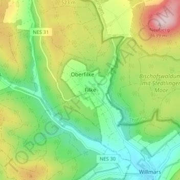 Topografische Karte Filke, Höhe, Relief