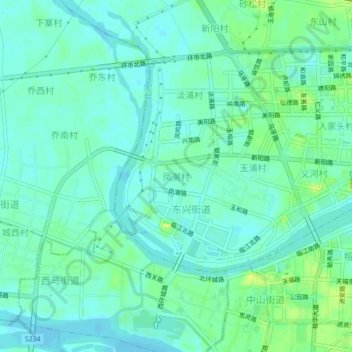 Topografische Karte 凤潮村, Höhe, Relief