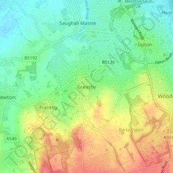 Topografische Karte Greasby, Höhe, Relief