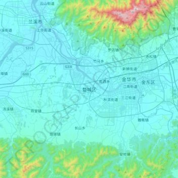 Topografische Karte 婺城区, Höhe, Relief