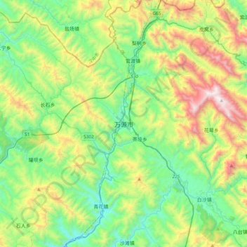 Topografische Karte 万源市, Höhe, Relief