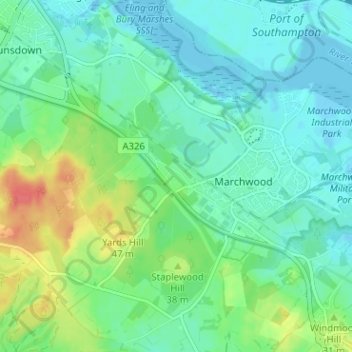 Topografische Karte Pooksgreen, Höhe, Relief