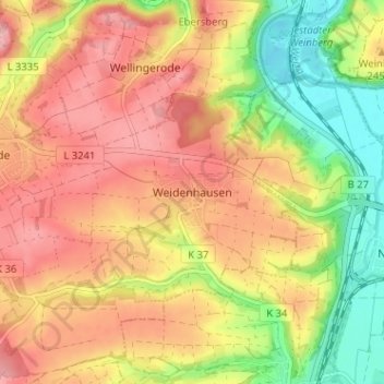 Topografische Karte Weidenhausen, Höhe, Relief