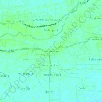 Topografische Karte Sembanarkoil, Höhe, Relief