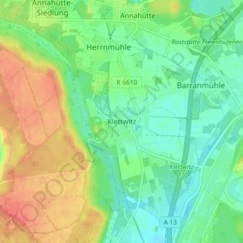 Topografische Karte Klettwitz, Höhe, Relief