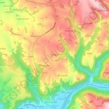 Topografische Karte Carrègues, Höhe, Relief