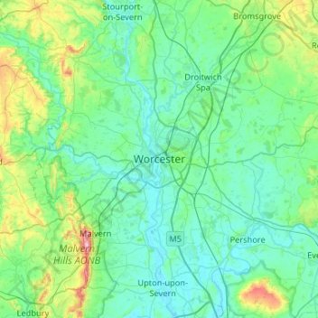 Topografische Karte Worcester, Höhe, Relief
