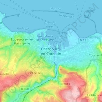Topografische Karte Cherbourg-en-Cotentin, Höhe, Relief