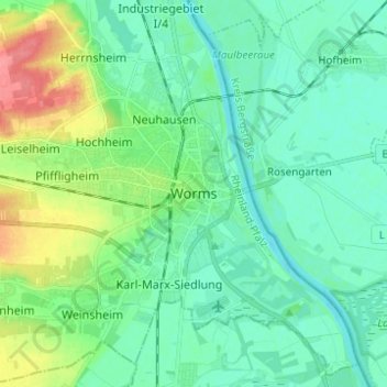 Topografische Karte Worms, Höhe, Relief