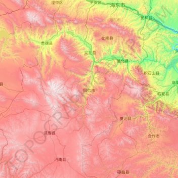 Topografische Karte 黄南州, Höhe, Relief