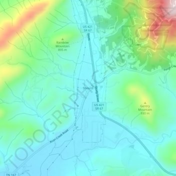 Topografische Karte Shouns, Höhe, Relief