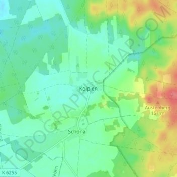Topografische Karte Kolpien, Höhe, Relief
