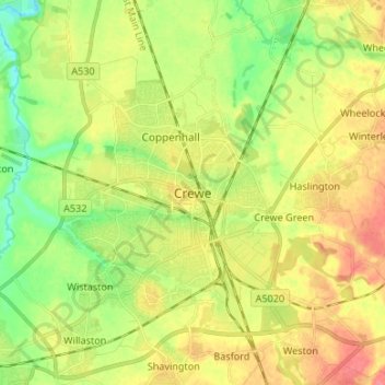 Topografische Karte Crewe, Höhe, Relief