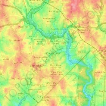 Topografische Karte Chevy Chase, Höhe, Relief