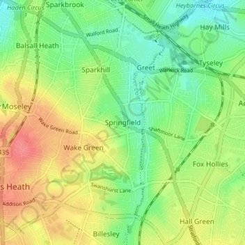 Topografische Karte Springfield, Höhe, Relief