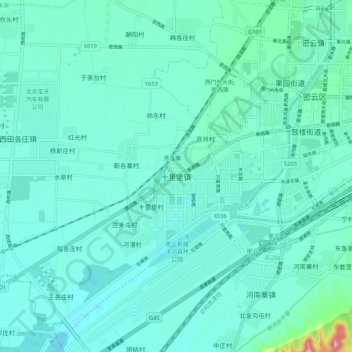 Topografische Karte 十里堡镇, Höhe, Relief