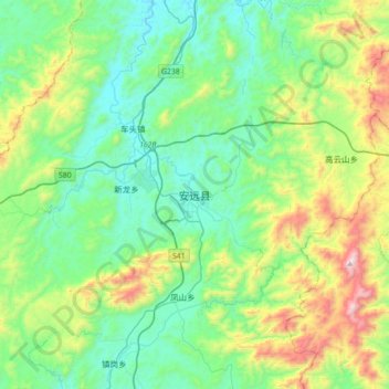 Topografische Karte 安远县, Höhe, Relief