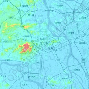 Topografische Karte 江门市, Höhe, Relief