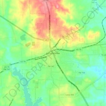 Topografische Karte Jacksonville, Höhe, Relief