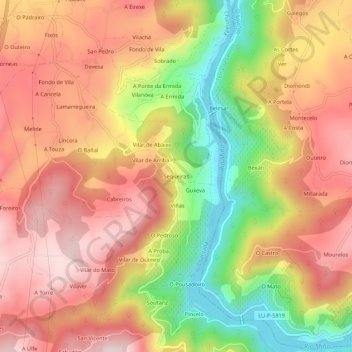 Topografische Karte Sequeiras, Höhe, Relief
