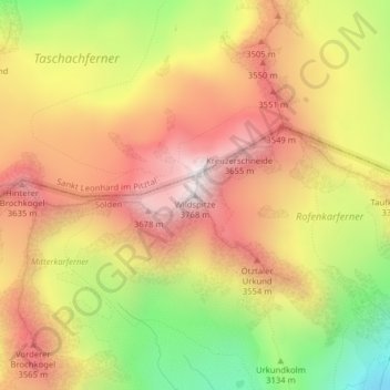 Topografische Karte Wildspitze, Höhe, Relief