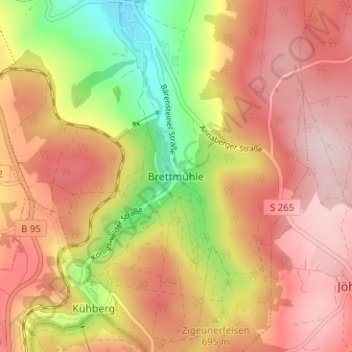 Topografische Karte Brettmühle, Höhe, Relief