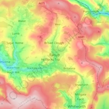Topografische Karte Bacup, Höhe, Relief