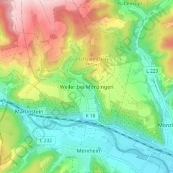 Topografische Karte Weiler bei Monzingen, Höhe, Relief
