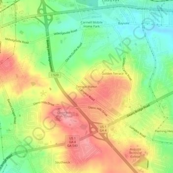 Topografische Karte Terrace Manor, Höhe, Relief