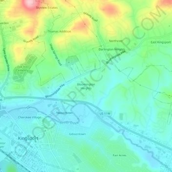 Topografische Karte Bloomington Heights, Höhe, Relief