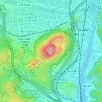 Topografische Karte Turó de Montcada, Höhe, Relief